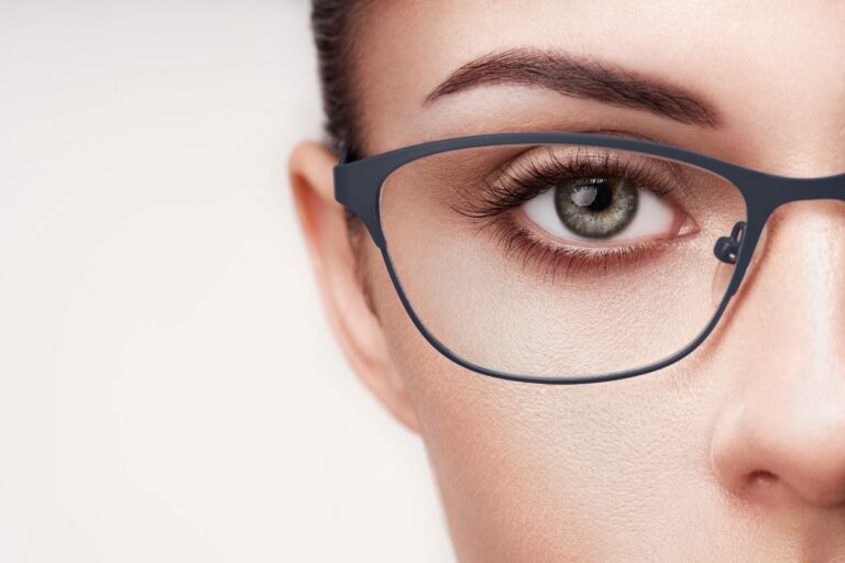 female eye with long eyelashes in eyeglasses