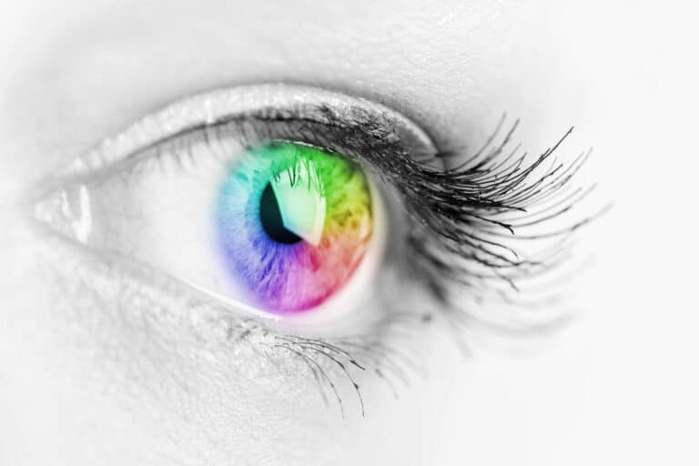 Girl colorful and natural rainbow eye on white background