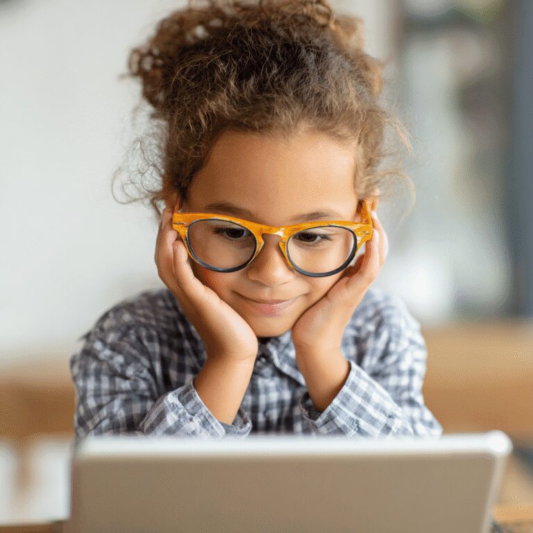 Child wearing glasses, looking at tablet.