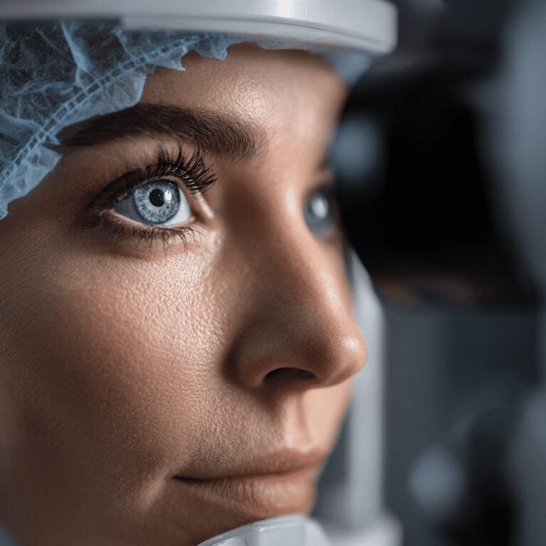Blue-eyed subject peering into ophthalmic instrument