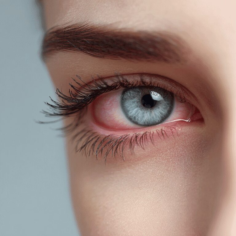 Tearful pale blue eye with visible lashes