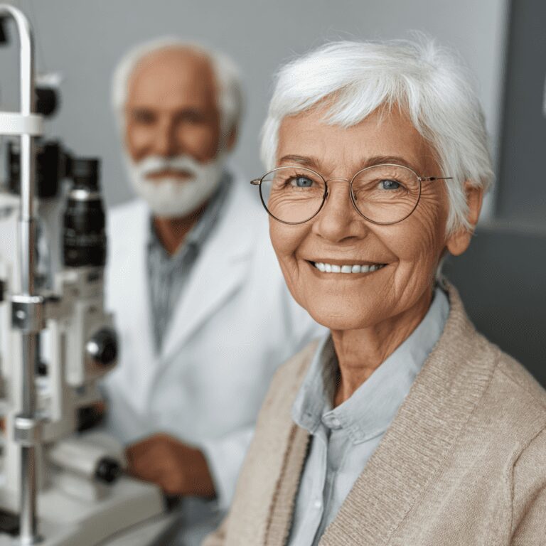 Smiling woman with glasses at eye exam.