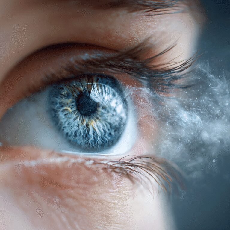 Close-up of a blue eye with smoke.