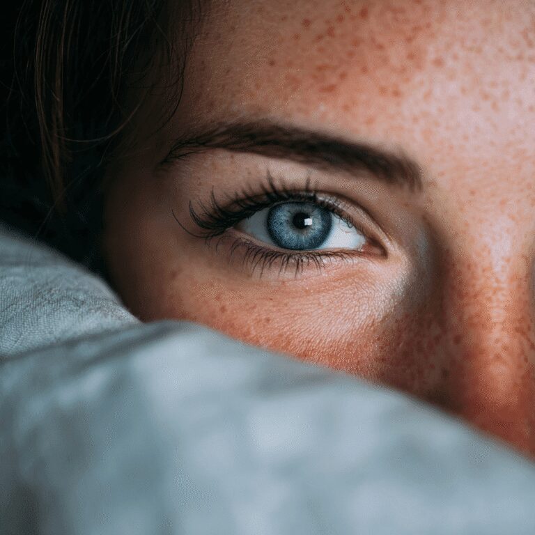 Close-up of a blue eye and freckles.