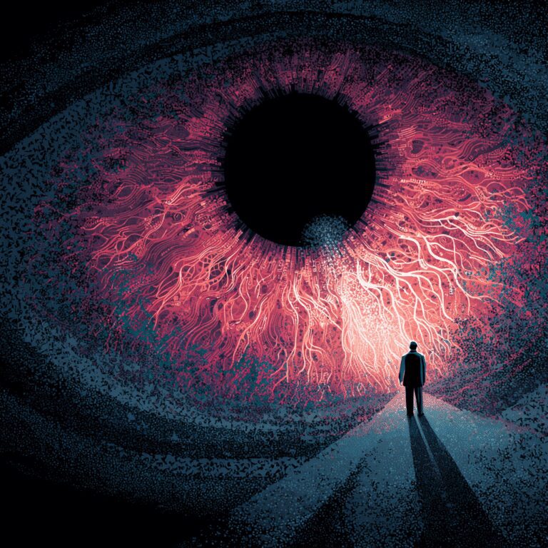 Man facing giant, cosmic red eye.