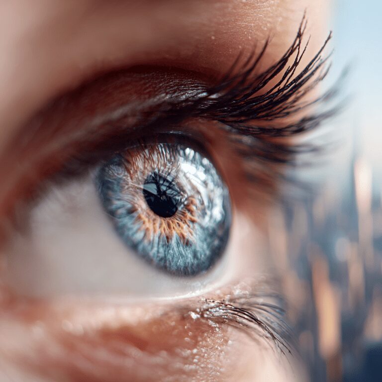 Eye reflecting tree silhouette, long eyelashes