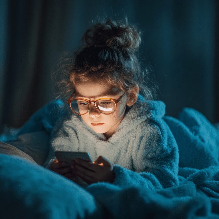 Child in glasses using smartphone at night.
