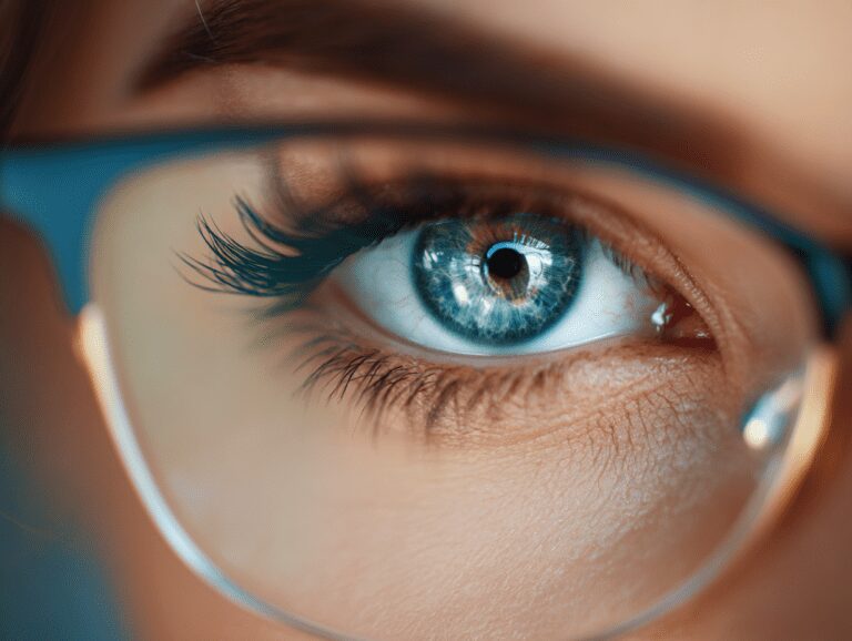 Close-up of a blue eye with glasses.