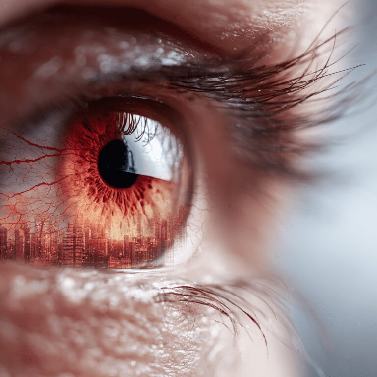 Bloodshot eye with miniature city reflection