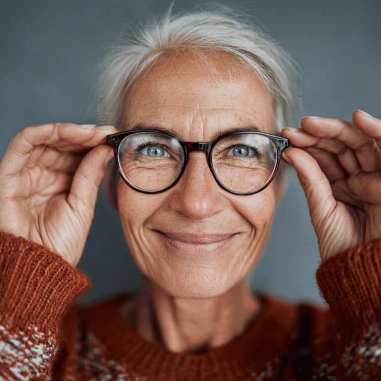 Elderly woman smiling and adjusting glasses.