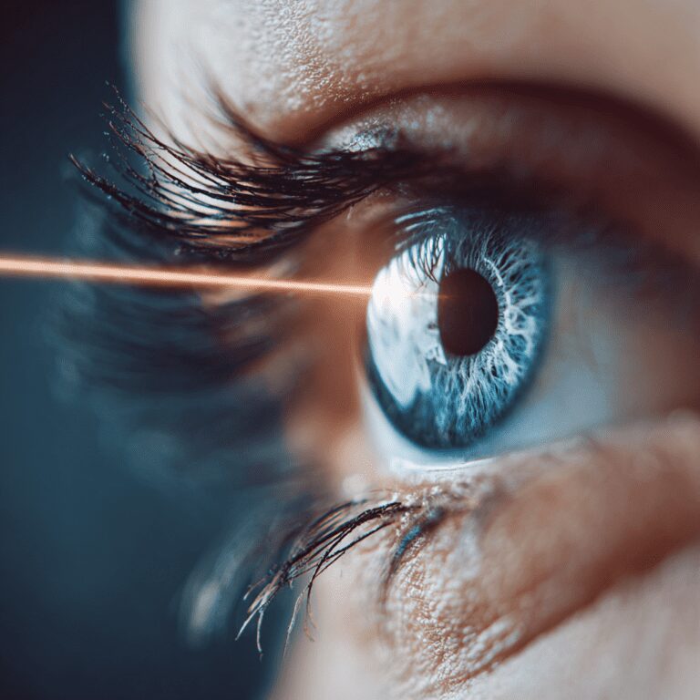 Icy blue iris crossed by amber laser