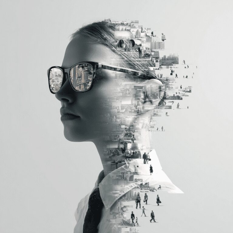 Woman with cityscape sunglasses, fragmented effect.