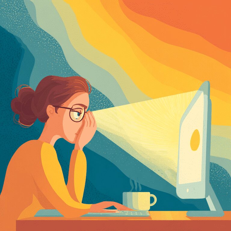 Woman shielding eyes from computer screen glare.