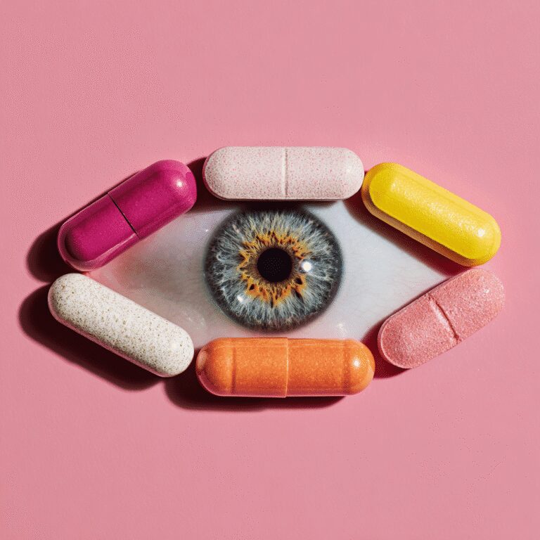 Eye surrounded by colorful capsules on pink.