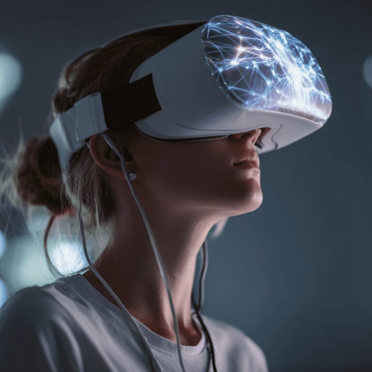 Person wearing virtual reality headset, futuristic design.