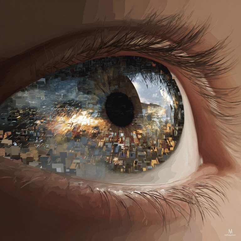 Digital eye with cityscape reflection.